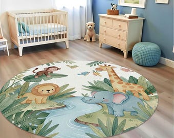 Safari Rug, Jungle Animals Carpet, Pastel Round Area Rug for Baby Room, Nursery, Kids Room and Playroom Modern Cute Animal Home Decor
