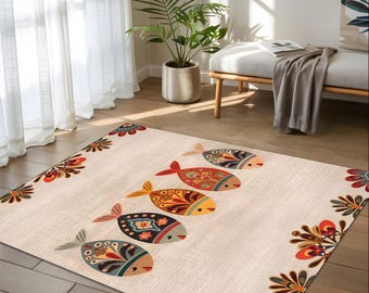 Folk Fish Rug – Floral Kitchen Carpet – Boho Dining Mat, Colorful Ethnic Rug, Playful Folk Decor, Fish Print Floor Mat, Artistic Home Accent
