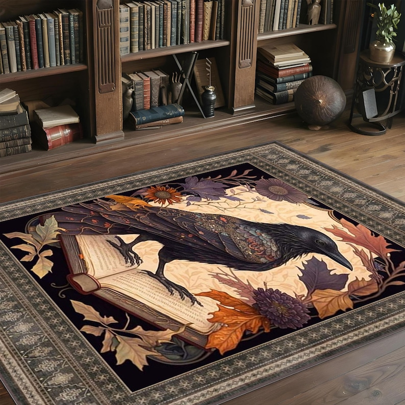 May include: A black raven perched on an open book with autumn leaves and flowers. The book has a cream-colored page with black text. The rug has a dark brown border with a repeating pattern.
