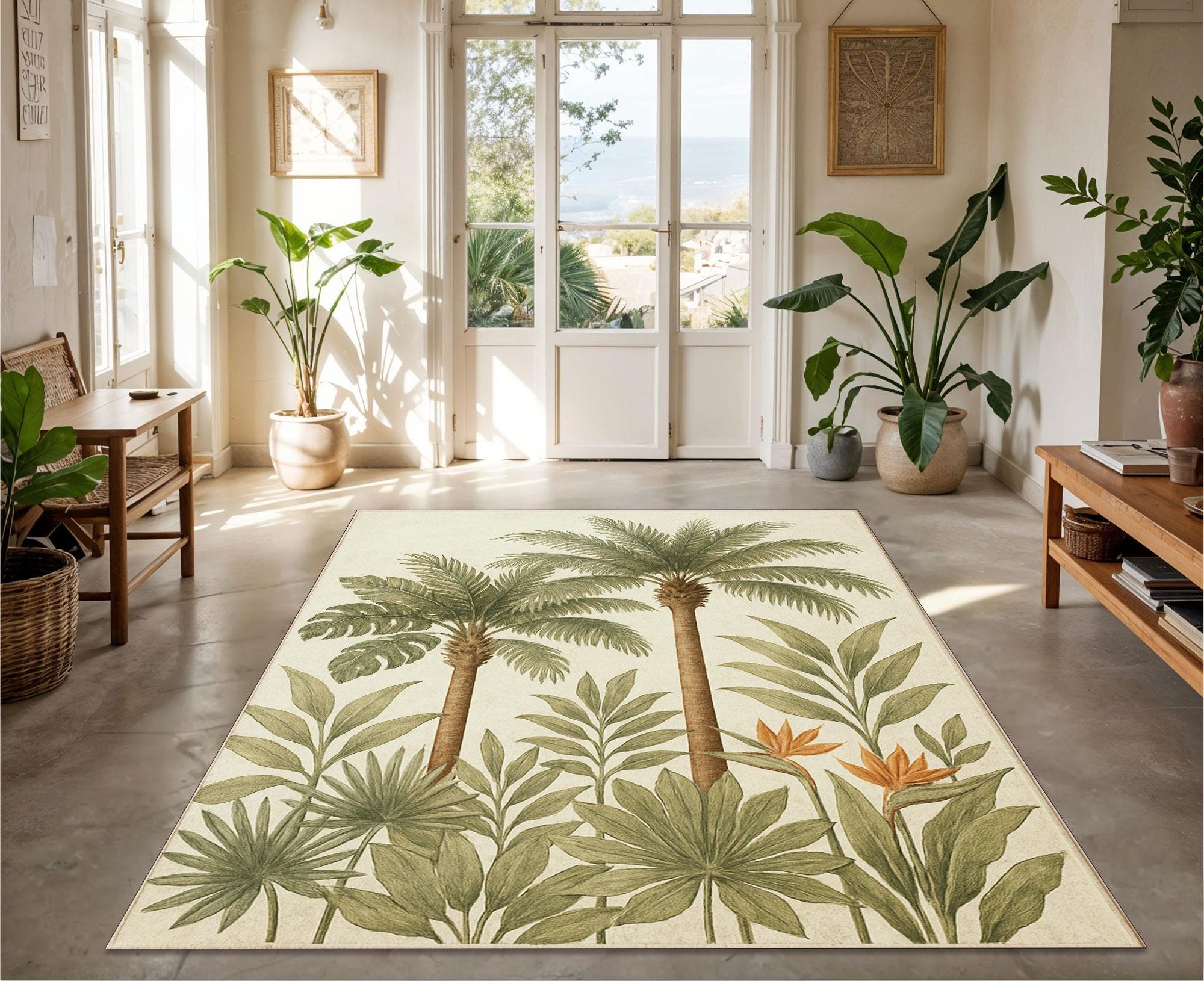 Vintage Palm Tree Rug With Tropical Botanical Illustration in Beige ...