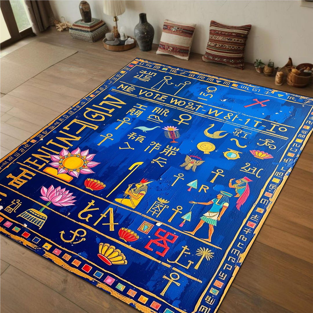 Ancient Egyptian Rug, Hieroglyphic Design Rug, Blue Gold Cultural ...