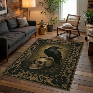 Raven skull gothic rug, occult crow decor, dark academia carpet, mysterious witchy home rug, creepy goth room skull art floor mat