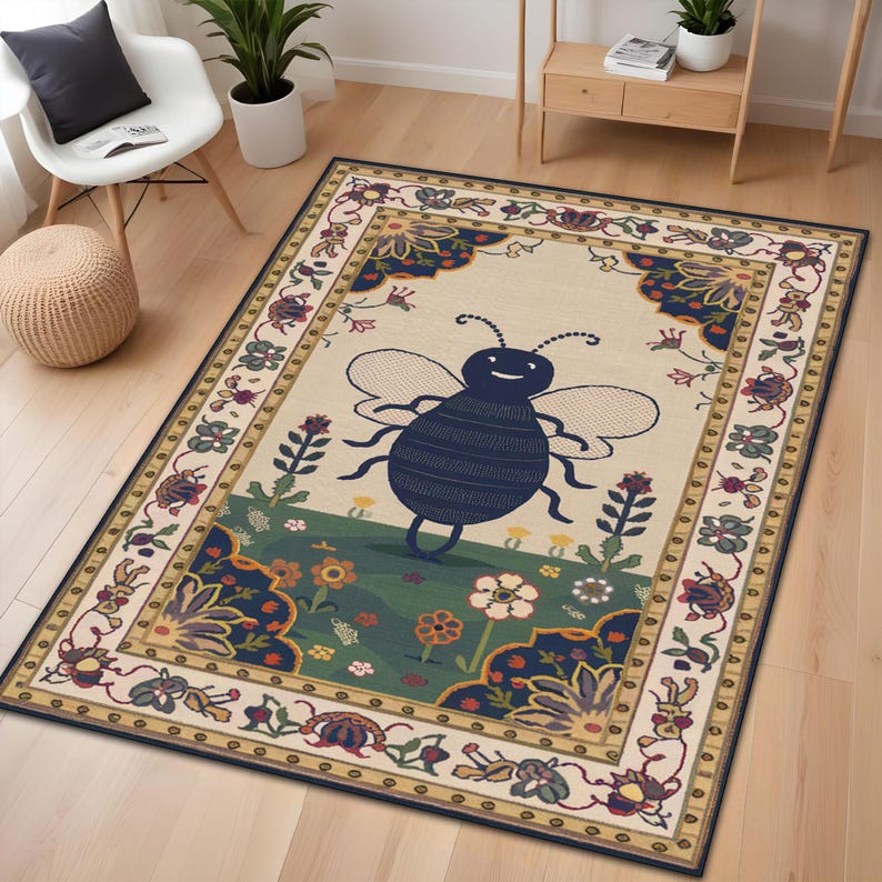 Floral and Bee Art Rug – Artistic Black and Beige Design With Botanical ...