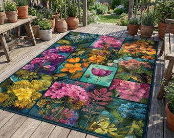 Outdoor Floral Patchwork Rug, Colorful Botanical Patio Carpet, Garden Balcony Decor, Washable Non Slip Area Rug