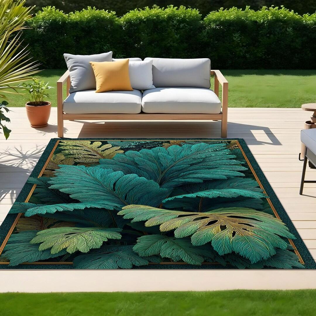Outdoor Tropical Leaf Rug – Large Green Botanical Patio Deck Carpet ...