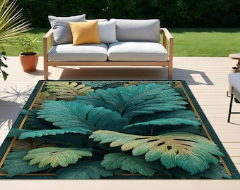 Outdoor Tropical Leaf Rug – Large Green Botanical Patio Deck Carpet, Weatherproof, Easy Clean, Washable, Non Slip, Garden Porch Area Mat