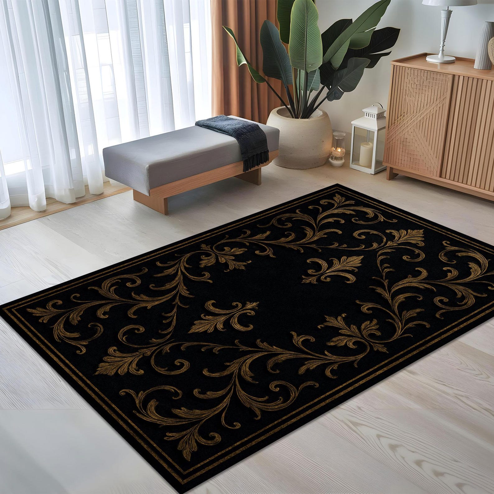 Baroque Rug, Gothic Decor Rug, Black Gold Floor Mat, Elegant Room ...