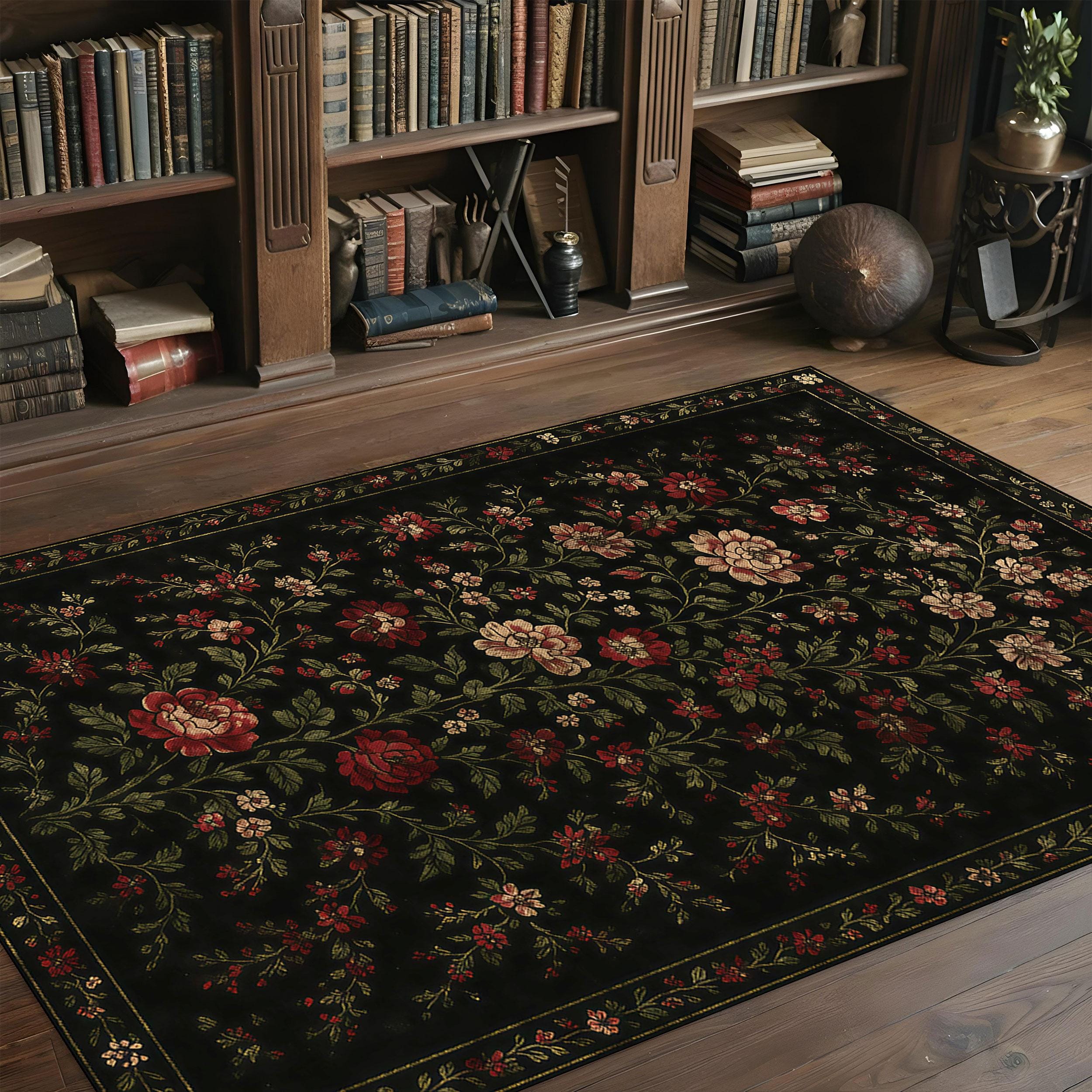 Traditional Floral Rug, Black Flower Carpet, Red Beige Blossom Rug ...