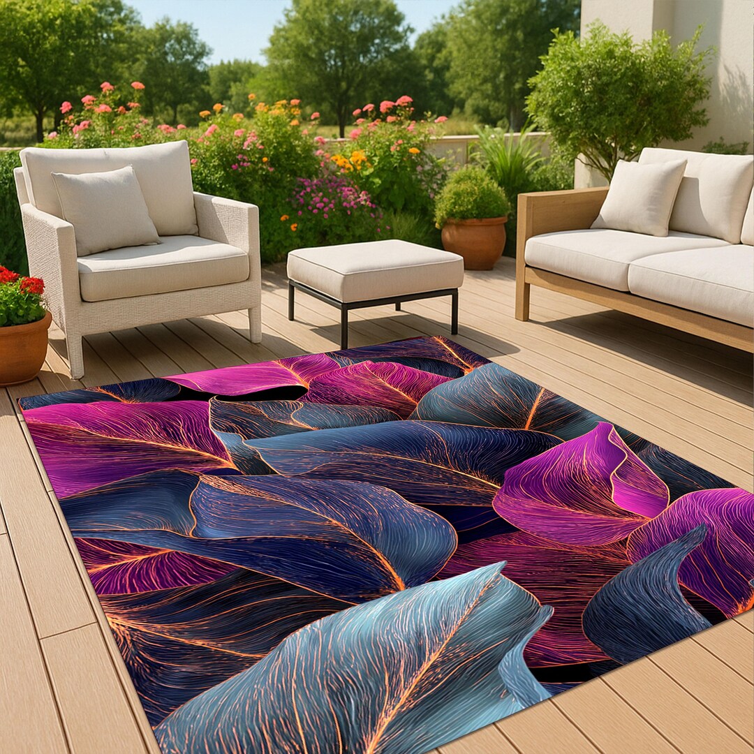 Outdoor Patio Rug Purple Blue Leaf Pattern, Washable Garden Carpet ...