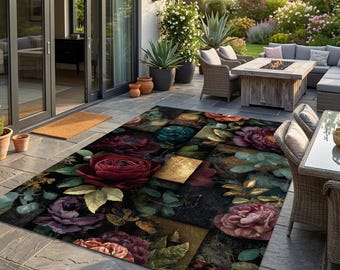 Rose Outdoor Rug, Dark Floral Patio Carpet, Garden Area Rug, Patchwork Flower Decor, Washable Non Slip Rug