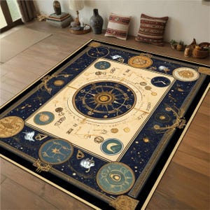 Celestial Navy Astrologie Teppich, magischer Sternzeichen-Teppich mit mystischen Symbolen für kosmische Häuser, Geschenke und verträumte Einrichtungs-Vibes, spiritueller Sternenteppich
