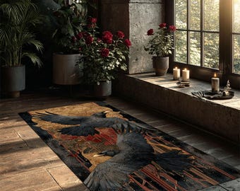 Tapete Raven Runner Preto Gótico, Tapete Simbólico Escuro para Corredor, Decoração Alternativa para Casa com Tema de Bruxaria Gótica