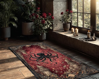 Gotisch octopus vloerkleed, rood tempelmotief, decor, donkere fantasie