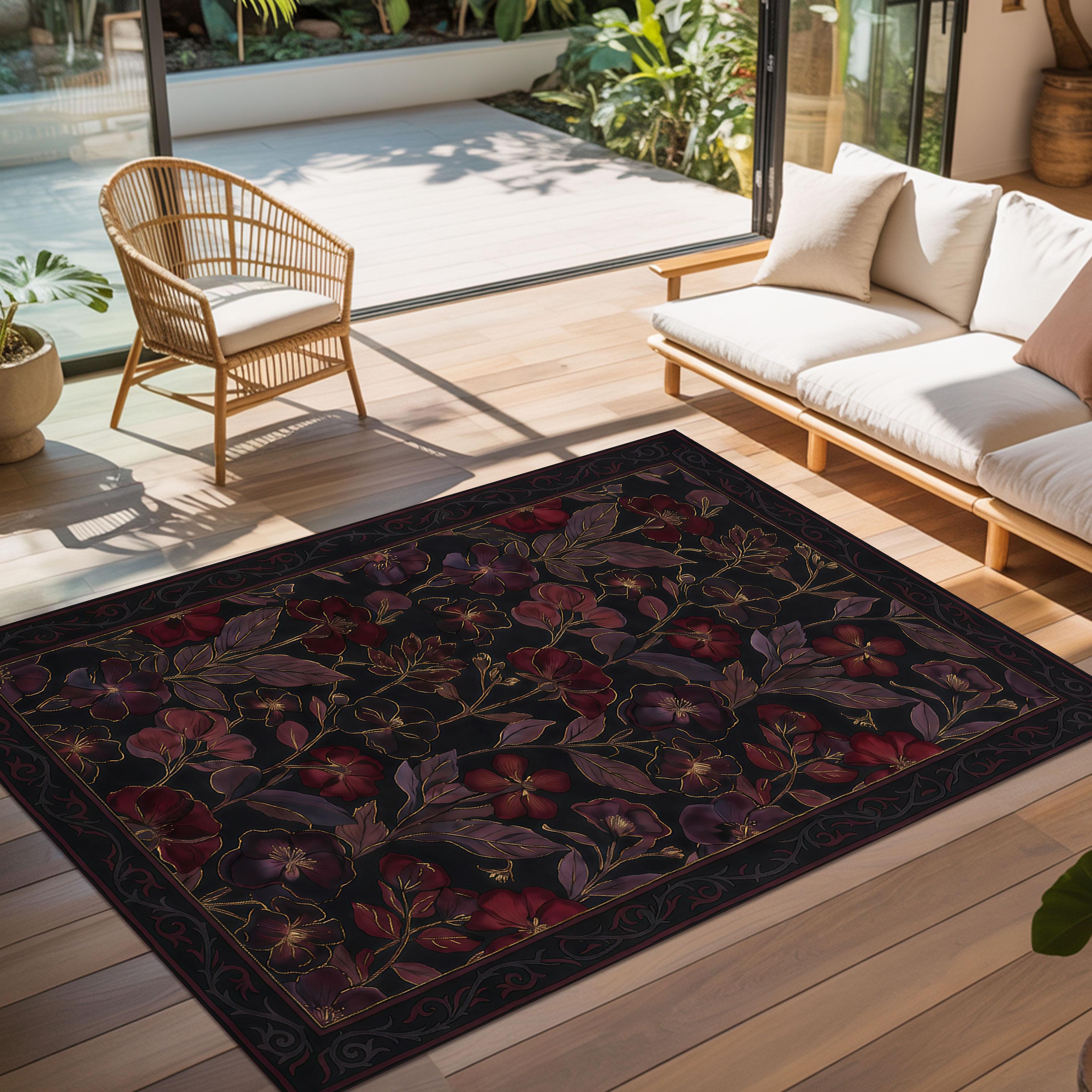 Shadow Botanical Rugs Dark Floral Botanical Rug, Gothic Flower Area Rug With Deep Red and ...