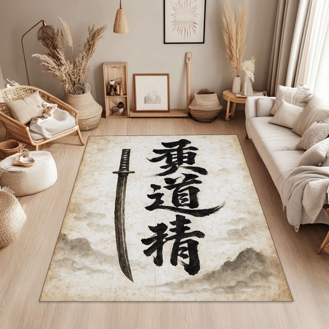 Japanese Sword Rug, Kanji Calligraphy Carpet, Samurai Zen Accent ...