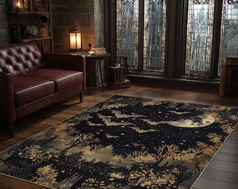 Bat and Moon Area Rug, Dark Enchanted Forest Carpet, Gothic Witchy Celestial Home Decor, Washable Indoor Outdoor Rug