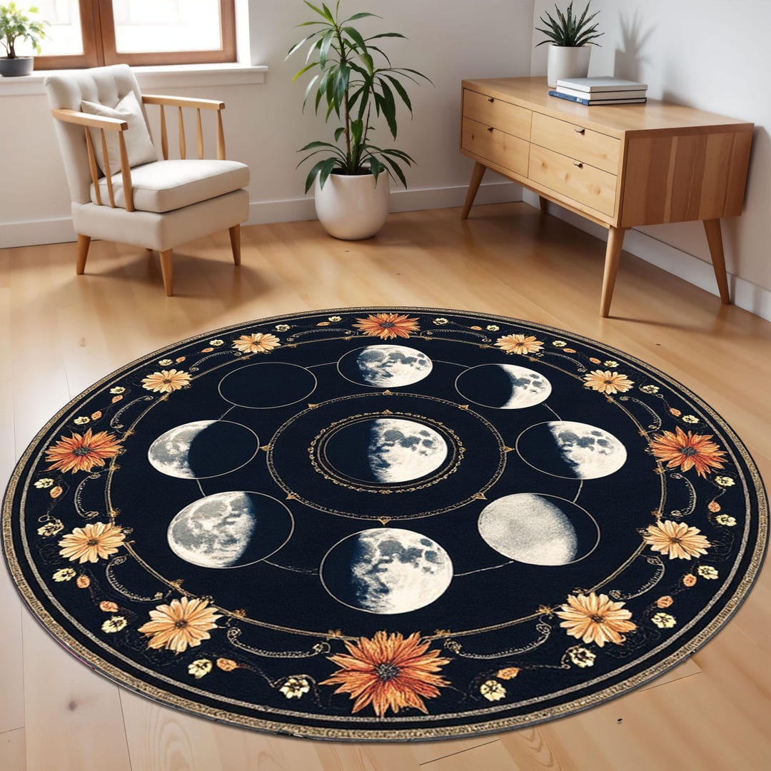 Moon Face Rug Moon Phase Round Rug - Celestial Lunar Rug - Mystic Moon Decor ...
