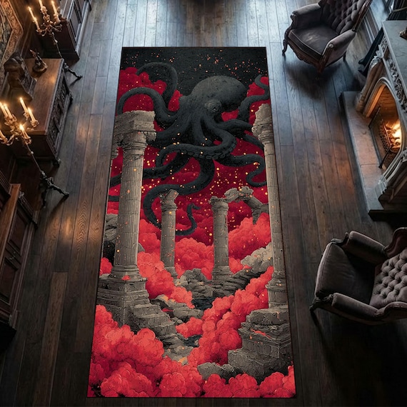 Gothic Octopus Rug Dark Fantasy Carpet, Ancient Ruins and Mythical Creature Art Rug for Statement Decor