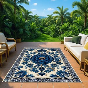 Pu&ograve; includere: Un tappeto rettangolare con sfondo color crema, un grande e intricato motivo floreale blu al centro e un bordo blu decorativo. Il tappeto &egrave; steso su un pavimento di piastrelle tra due divani da esterno con cuscini bianchi.