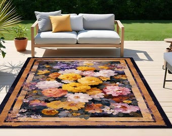Vintage Floral Outdoor Rug, Colorful Garden Patio Carpet, Washable Balcony Mat, Weatherproof Deck Decor, Elegant Porch and Backyard Accent