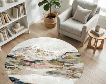 Abstract Mountain Landscape Round Rug with Soft Earthy Brushstrokes, Modern Artistic Area Rug for Calm and Elegant Interiors