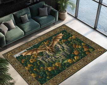 May include: Rectangular area rug featuring a detailed fantasy scene with a dragon soaring over a forest and castle. The rug has a dark green and gold border with a detailed design. The central image is a vibrant mix of greens, browns, and golds.