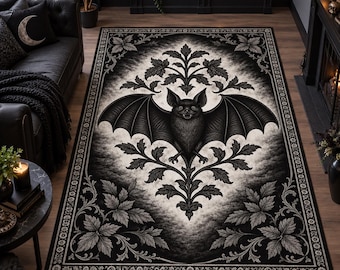 Alfombra gótica negra con diseño de murciélago, alfombra botánica victoriana, decoración de estilo vampírico para sala de estar o dormitorio con temática Dark Academia.