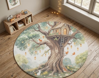 Kids Treehouse Rug Round Nursery Rug Woodland Play Mat Baby Room Decor Storybook Forest Rug Neutral Kids Carpet Gift for Kids