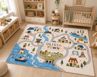 Personalized Town Map Rug, Kids City Map Custom Name Road Play Carpet, Kids City Nursery Playroom Decor, Washable Non Slip Rug