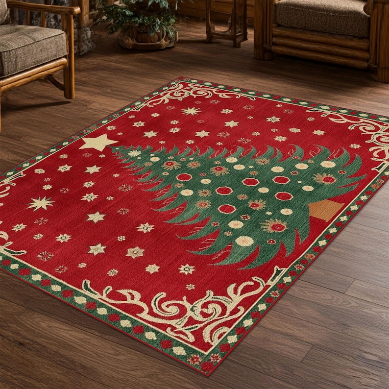 Xmas Tree Rug Christmas Tree Rug, Red Green Holiday Carpet, Festive Seasonal Accent ...