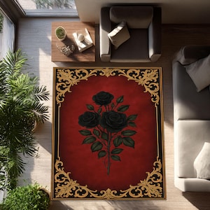 Gothic Black Rose Area Rug, Red Baroque Floral Carpet, Romantic Witch Room Decor Mat, Occult Style Gothic Aesthetic Dark Flower Indoor Rug