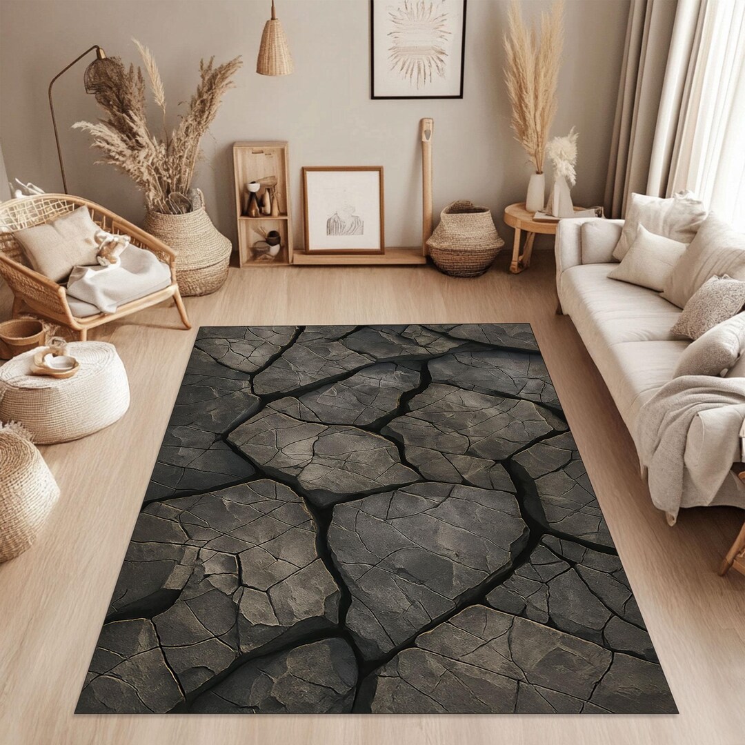 Rocky Earthy Rug 3D Cracked Rock Rug, Grey Stone Texture Carpet, Abstract Modern Area ...