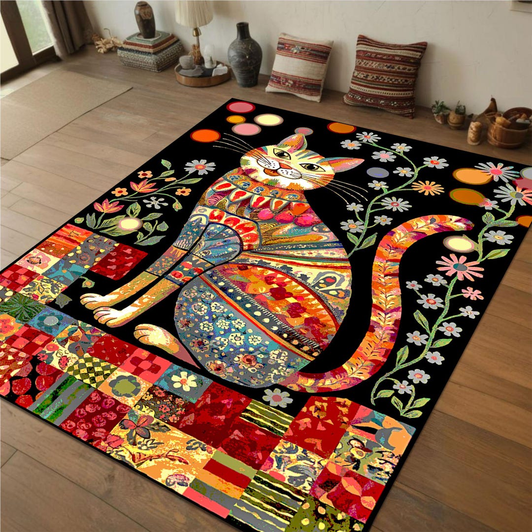Cat Rug Design Patchwork Cat Art Rug, Colorful Boho Kitty Rug, Vibrant Whimsical Cat ...
