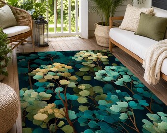 Outdoor Ginkgo Leaf Rug, Teal Gold Botanical Area Carpet, Garden Patio Living Room Decor, Washable Non Slip Rug