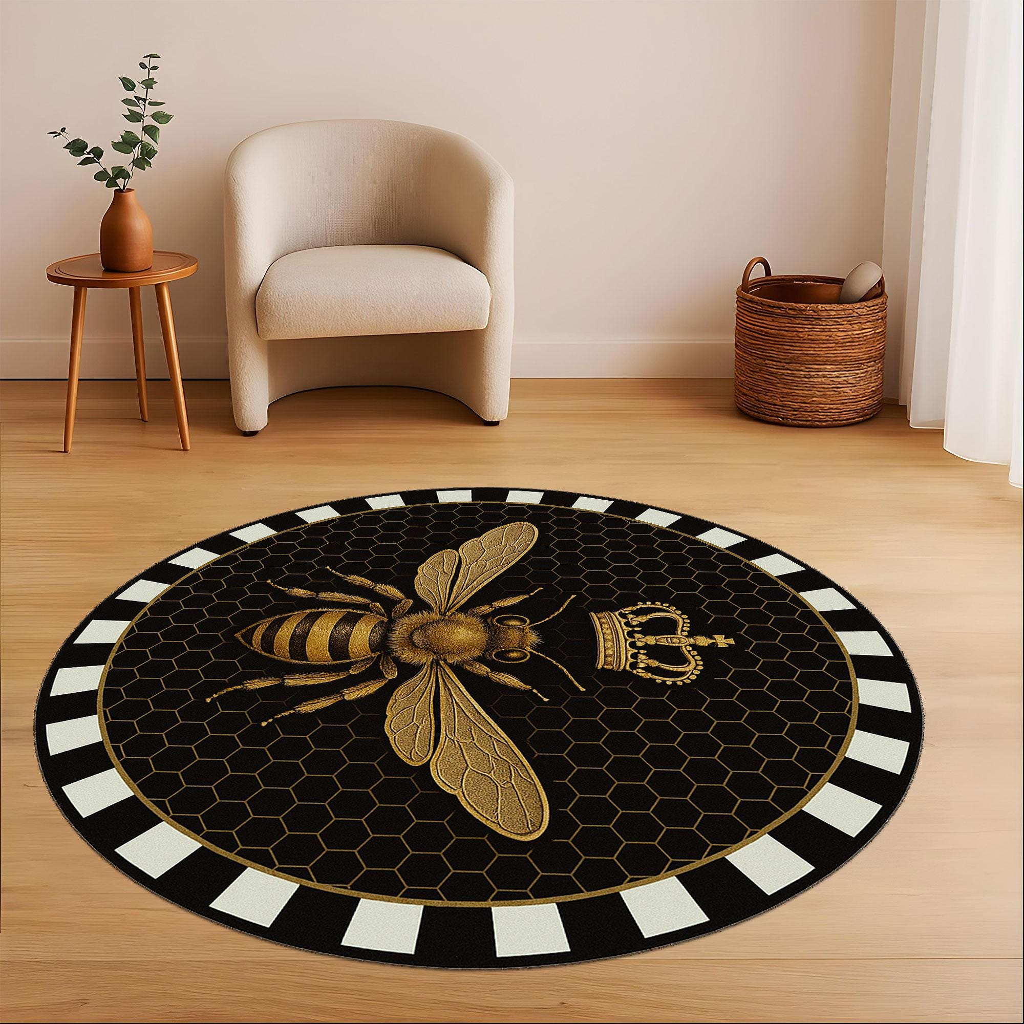 Crowned Bee Rug, Gold Bee Carpet, Black Round Luxury Area Rug for ...