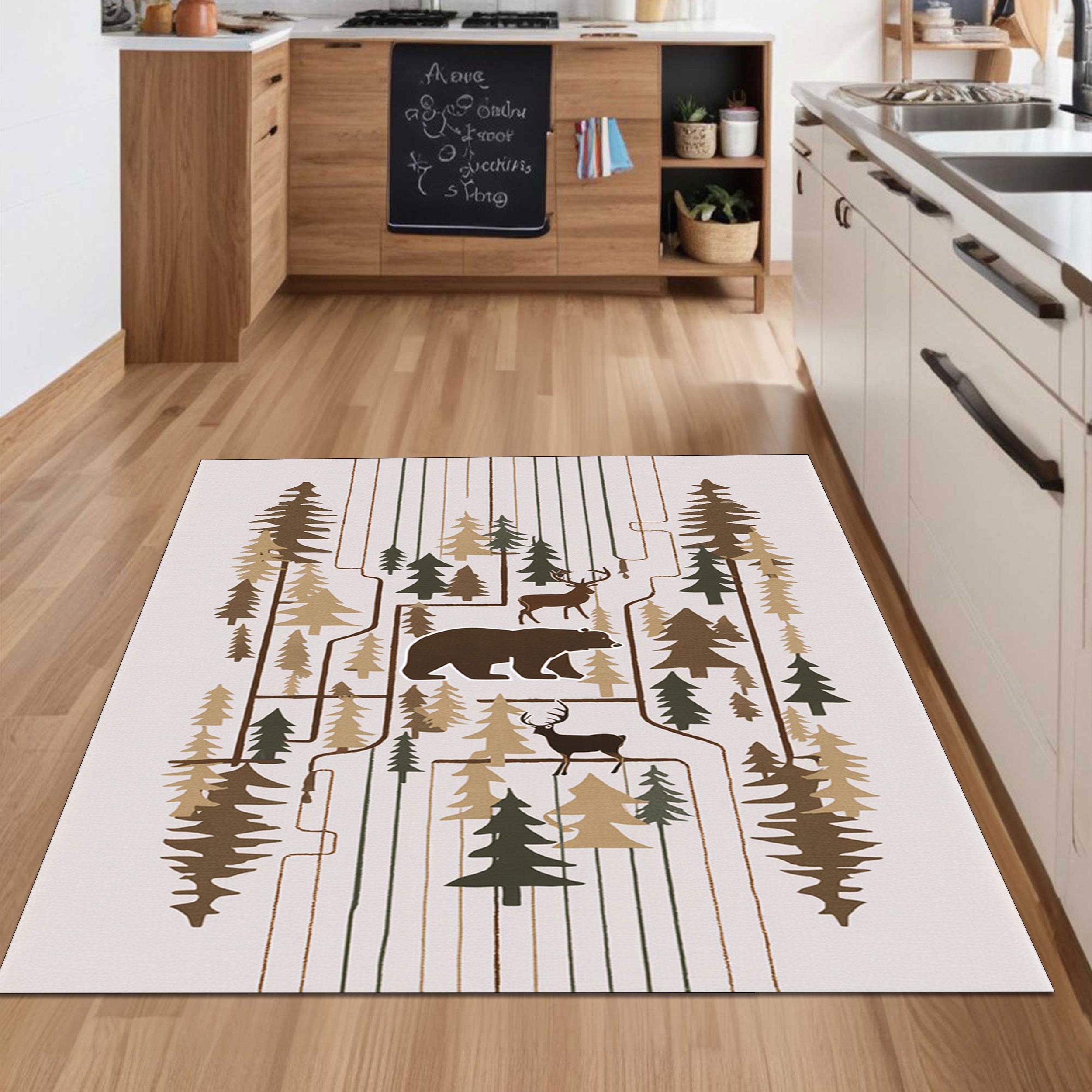 Rustic Wildlife Forest Rug, Cabin Style Bear and Deer Carpet, Lodge ...