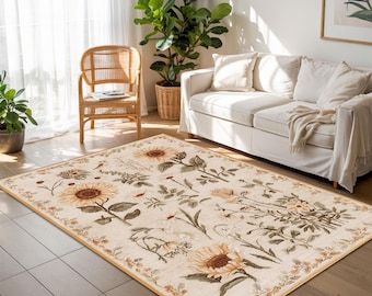 Sunflower Botanical Area Rug, Wildflower Herbarium Carpet, Cottagecore Living Room Decor, Washable Non Slip Indoor Outdoor Rug