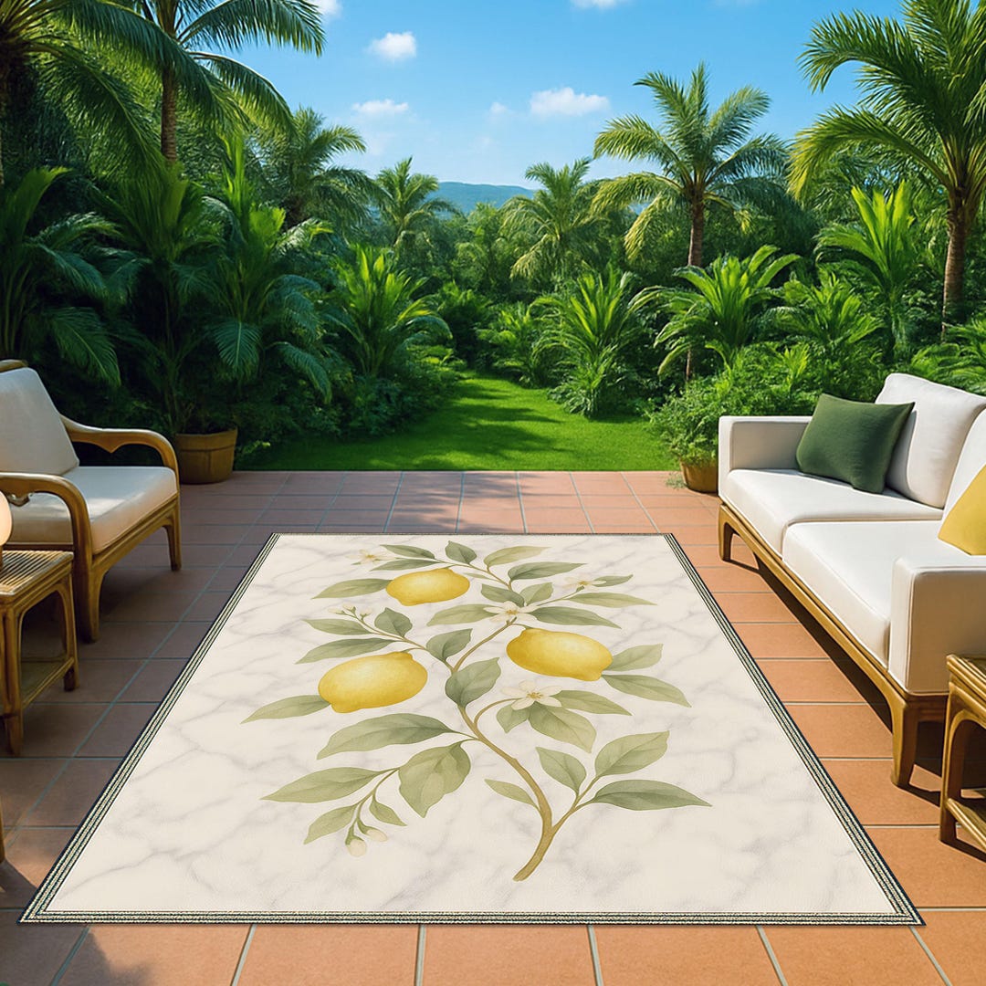 Mediterranean Lemon Rug, Beige Watercolor Fruit Carpet, Outdoor and ...
