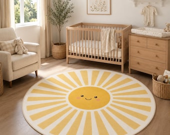 Cute Sun Round Rug, Yellow Nursery Area Carpet, Smiling Sunshine Baby Room Decor, Washable Non Slip Floor Rug