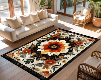 Outdoor Patio Rug, Red and Yellow Vintage Floral Waterproof Carpet for Garden or Deck, Washable Non Slip Rug for Porch, Backyard or Balcony