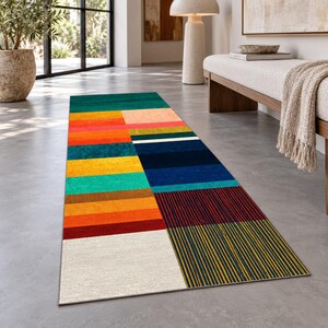 Color Block Patchwork Runner Rug, Multicolor Geometric Hallway Carpet with Teal Navy Orange Yellow Stripes, Washable Floor Decor