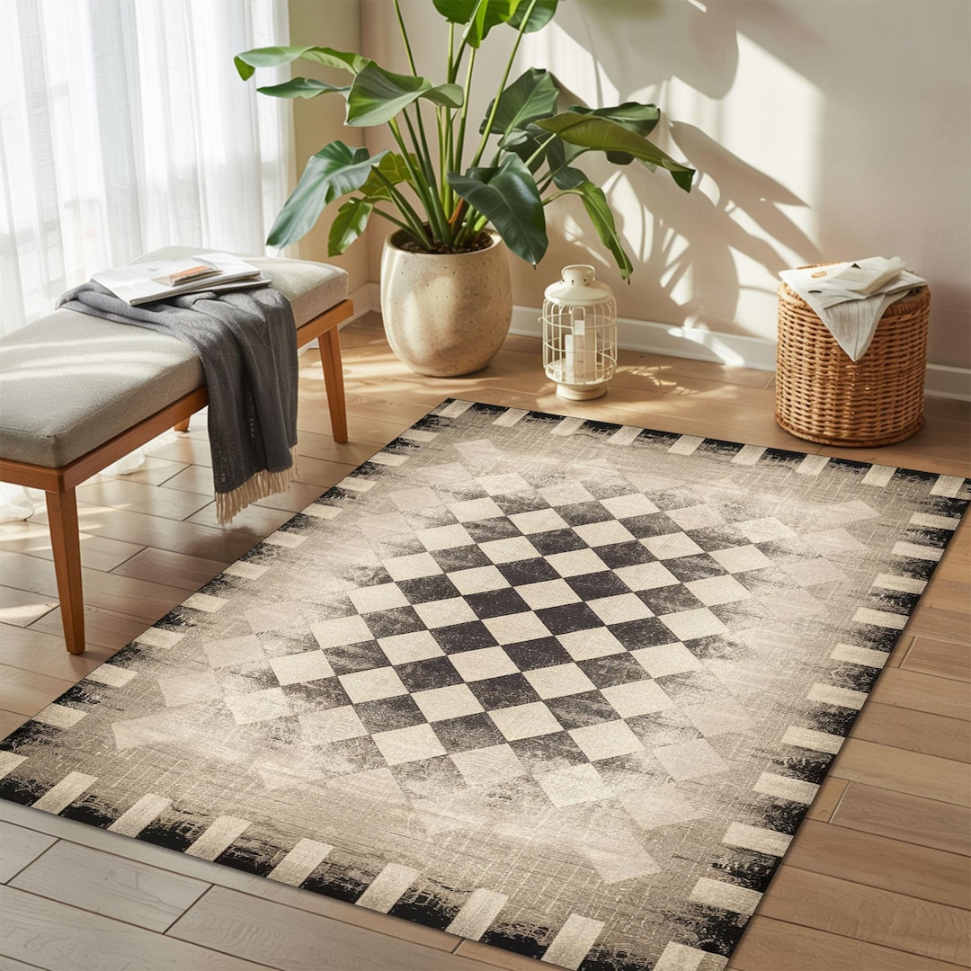 Distressed Checkerboard Area Rug, Rustic Neutral Toned Carpet, Faded ...