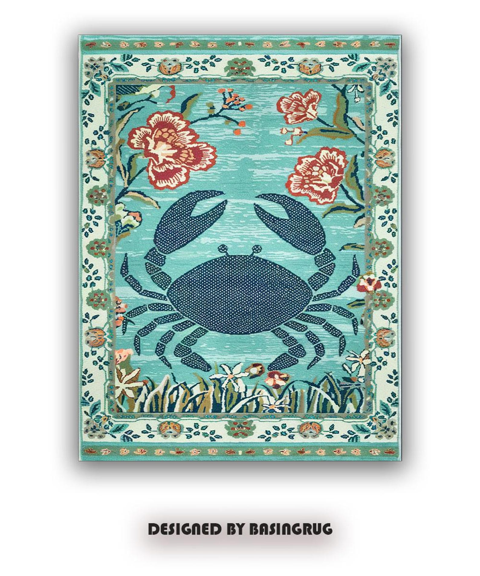 Turquoise Crab Rug, Coastal Nautical Carpet, Washable Ocean Kitchen Mat ...
