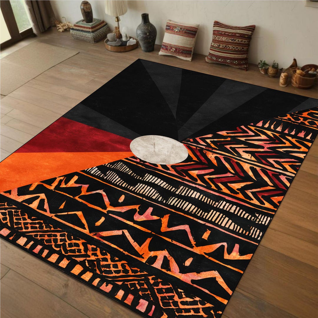 Rasist Rug African Tribal Rug, Abstract Black Red Orange Carpet, Ethnic Pattern ...