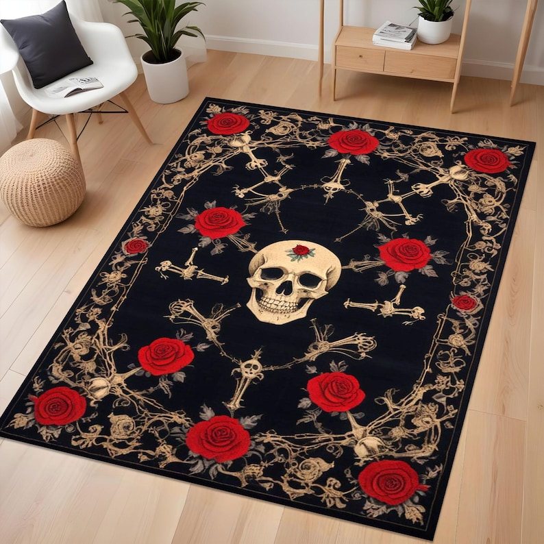 Punk Rugs Dark Gothic Skull Rug - Red Rose & Skeleton Decor - Edgy Tattoo Style ...