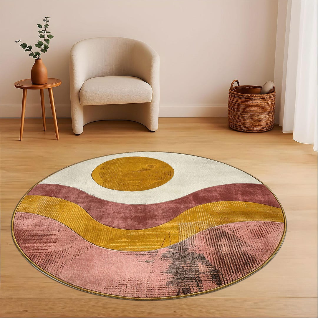 Retro Sunset Rug Mid Century Abstract Sun Wave Round Rug in Warm Earth Tones, Modern ...