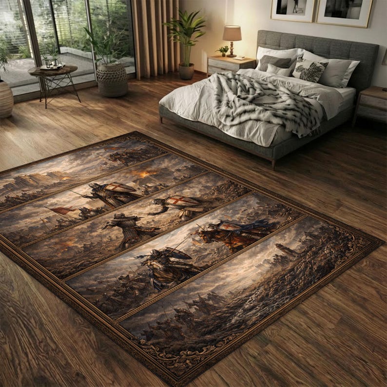 Medieval Knights Area Rug Carpet, Historical Battle Art Design, Vintage ...
