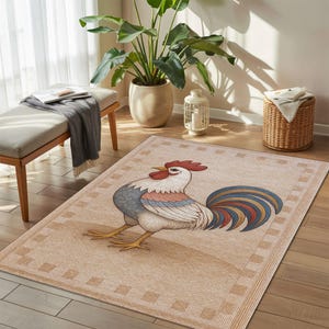 Rooster Rug, Farmhouse Rug, Rustic Animal Carpet, Chicken Area Rug, Country Rug, Beige Kitchen Rug, Rooster Entryway Mat, Farm Decor Rug