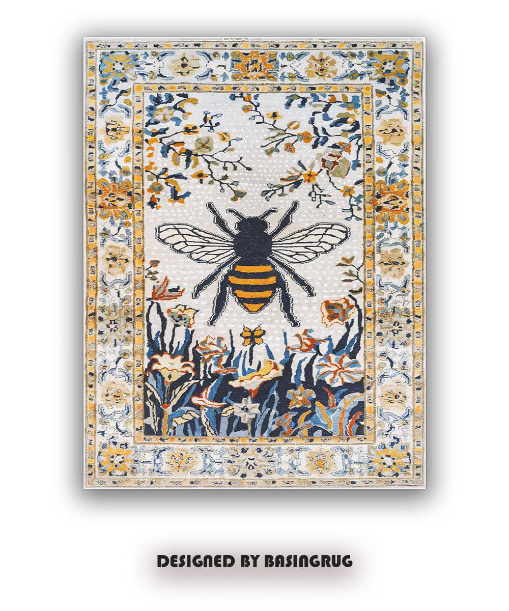 Square Bee Rug Vintage Bee Rug With Floral Motifs | Cottagecore Garden Carpet ...