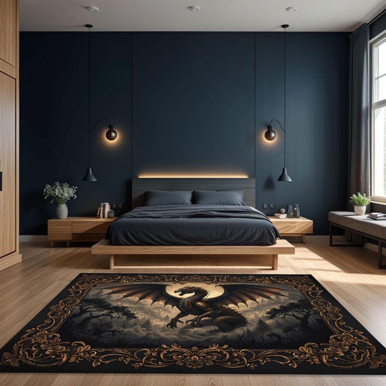 Epic Handmade Rug Epic Dragon Rug With Bronze and Gold Baroque Frame, Majestic Fantasy ...